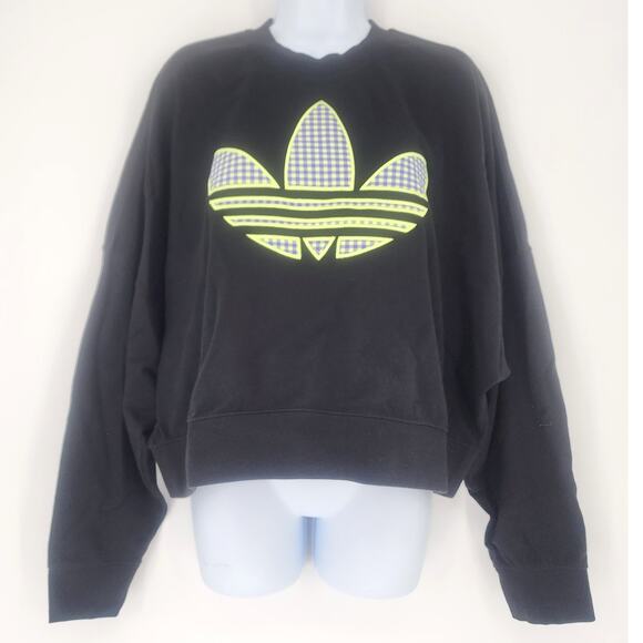 Adidas Trefoil Neon Gingham Logo Cropped Sweatshirt Black Women’s Size L - Picture 2 of 9